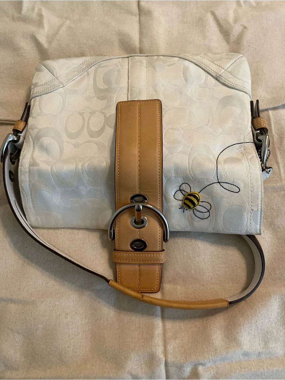 Coach White Signature Canvas Shoulder Bag with Tan Leather Trim and Bee Accent
